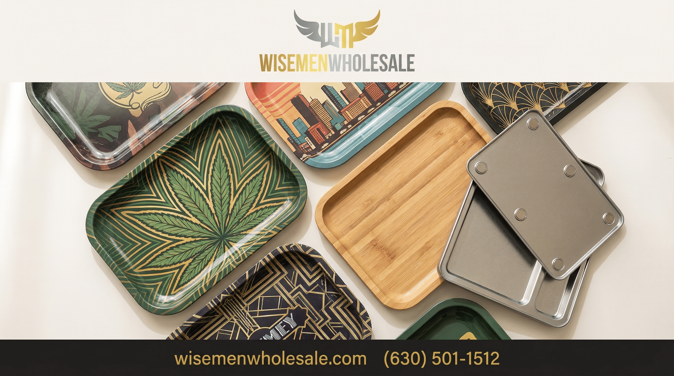 Wholesale rolling trays assortment including metal, bamboo, and magnetic lid options for smoke shops